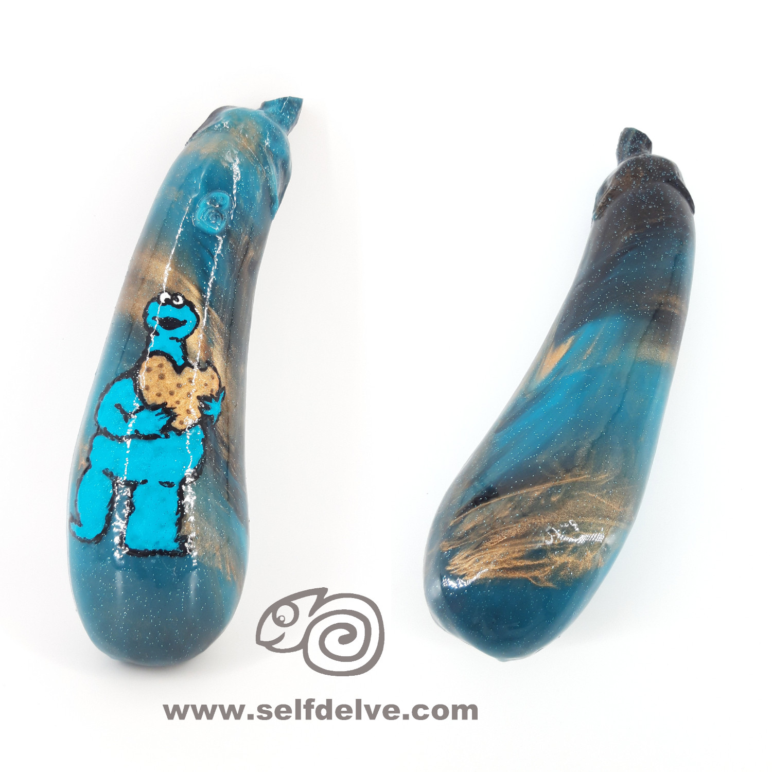 Aubergine: petrol, metalleffekt-bronze, schwarz + Zeichnung Krümelmonster
